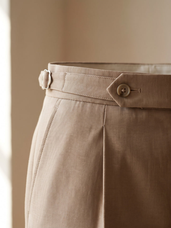 Roman trousers waistband detail with side adjuster buckle and pleat - Gentlemens Manor