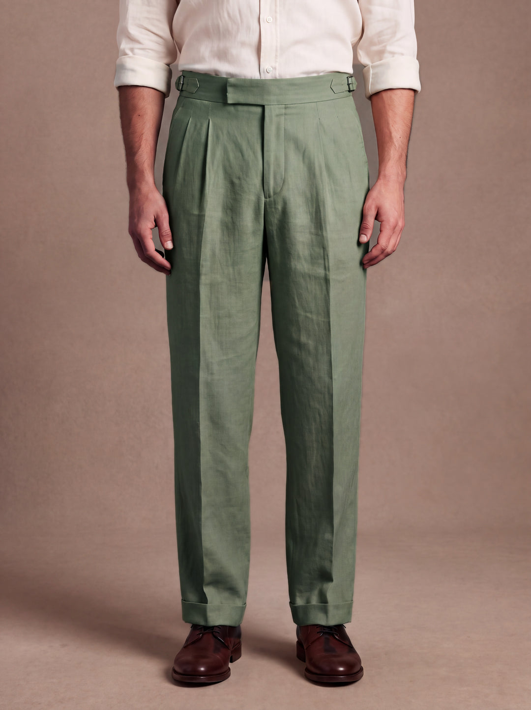 Roman trousers in Green, loose straight leg with flat waistband and side adjusters, studio, Gentlemens Manor