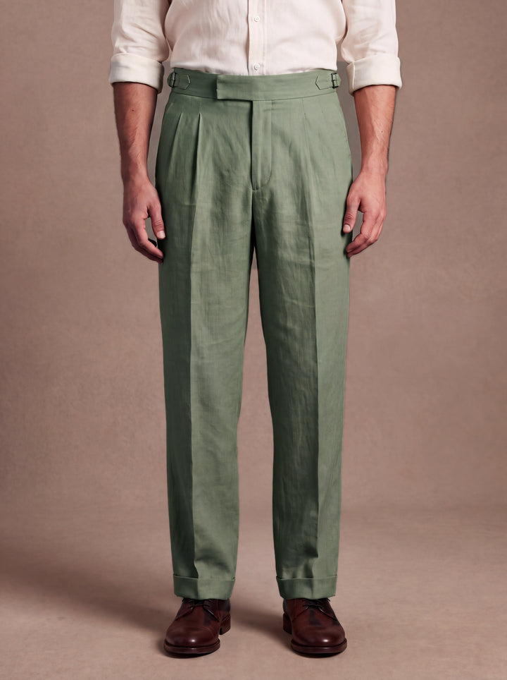 Roman trousers in Green, loose straight leg with flat waistband and side adjusters, studio, Gentlemens Manor