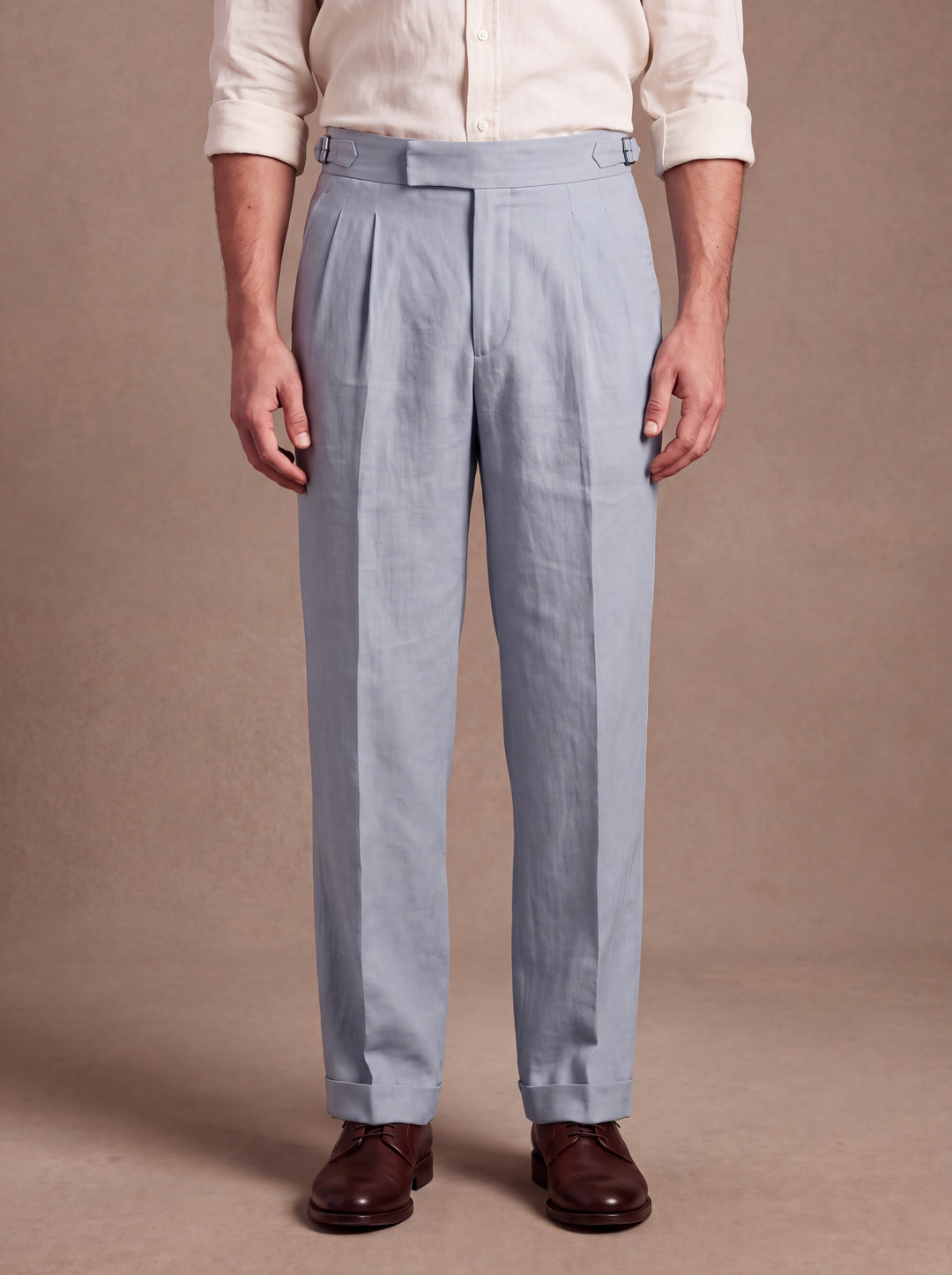 Roman trousers in Light Blue, loose straight leg with flat waistband and side adjusters, studio, Gentlemens Manor