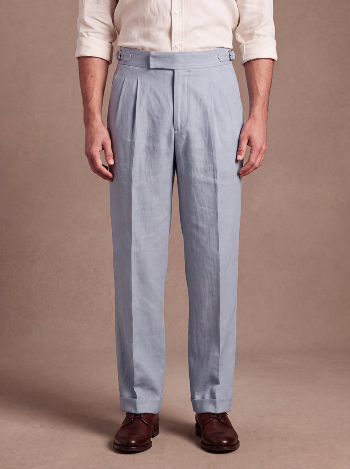 Roman trousers in Light Blue, loose straight leg with flat waistband and side adjusters, studio, Gentlemens Manor