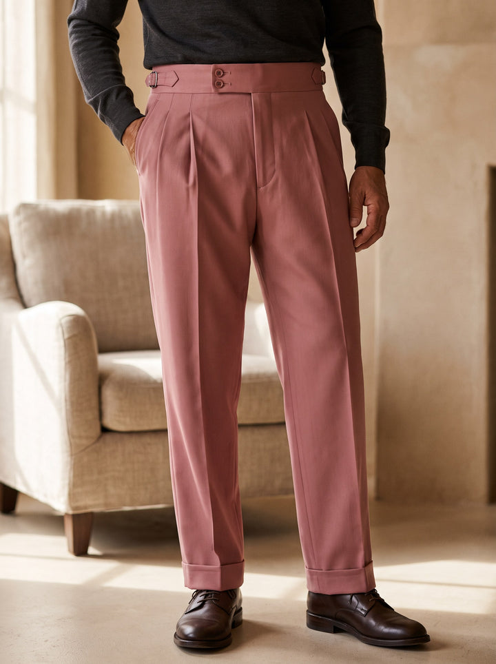 Roman trousers in Pink, worn by a model in a calm sunlit interior - Gentlemens Manor lifestyle