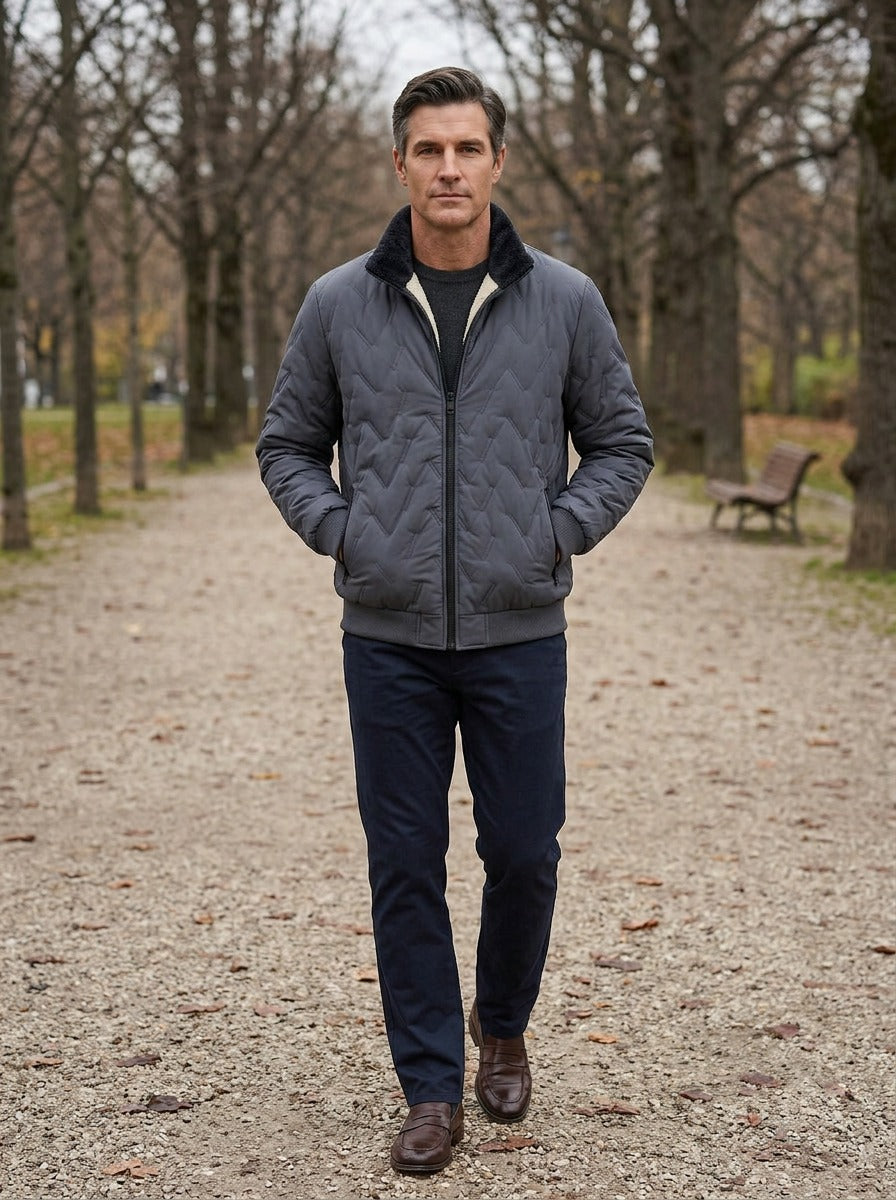 Roscoe quilted plush lined jacket in Grey, lifestyle on a park path, Gentlemens Manor