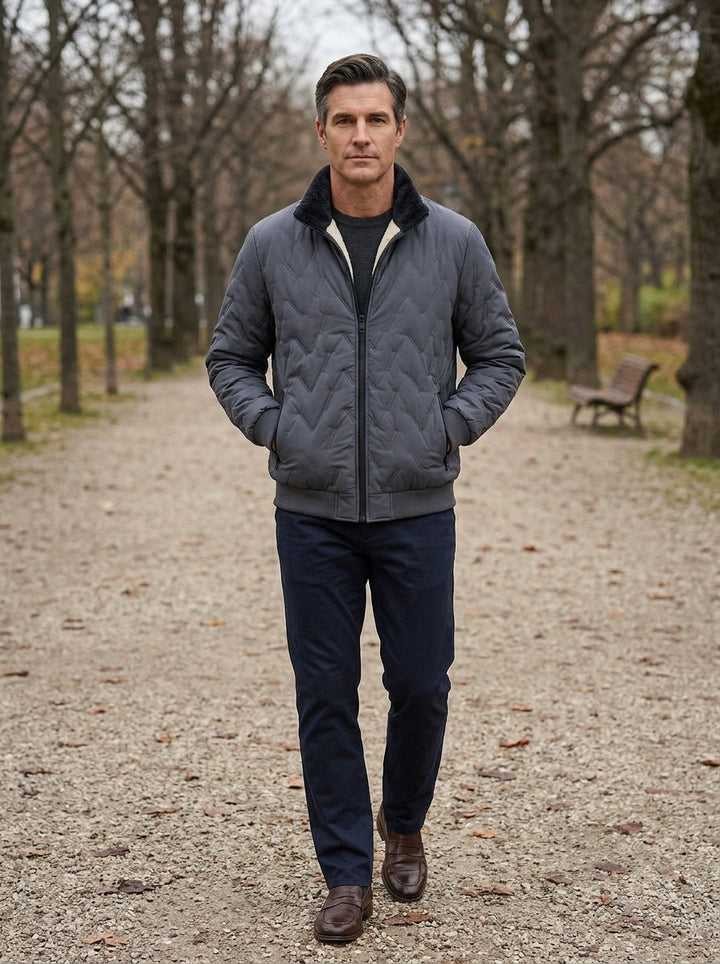 Roscoe quilted plush lined jacket in Grey, lifestyle on a park path, Gentlemens Manor