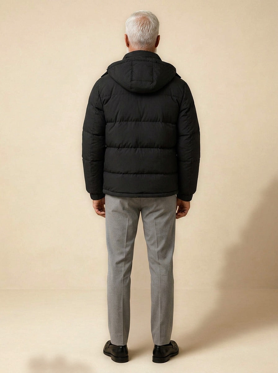 Rowan puffer jacket in Black, back view, Gentlemens Manor