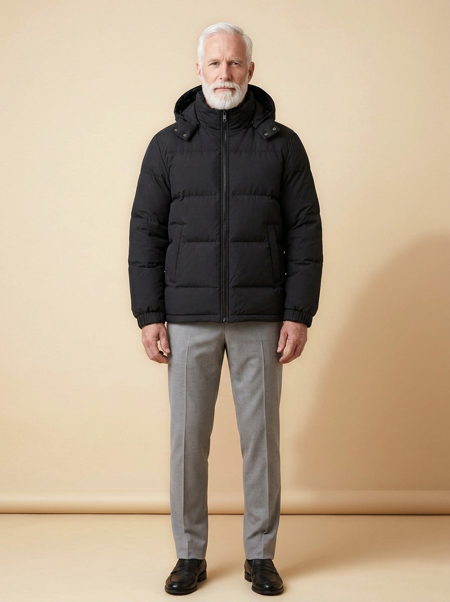 Rowan puffer jacket in Black, studio, Gentlemens Manor