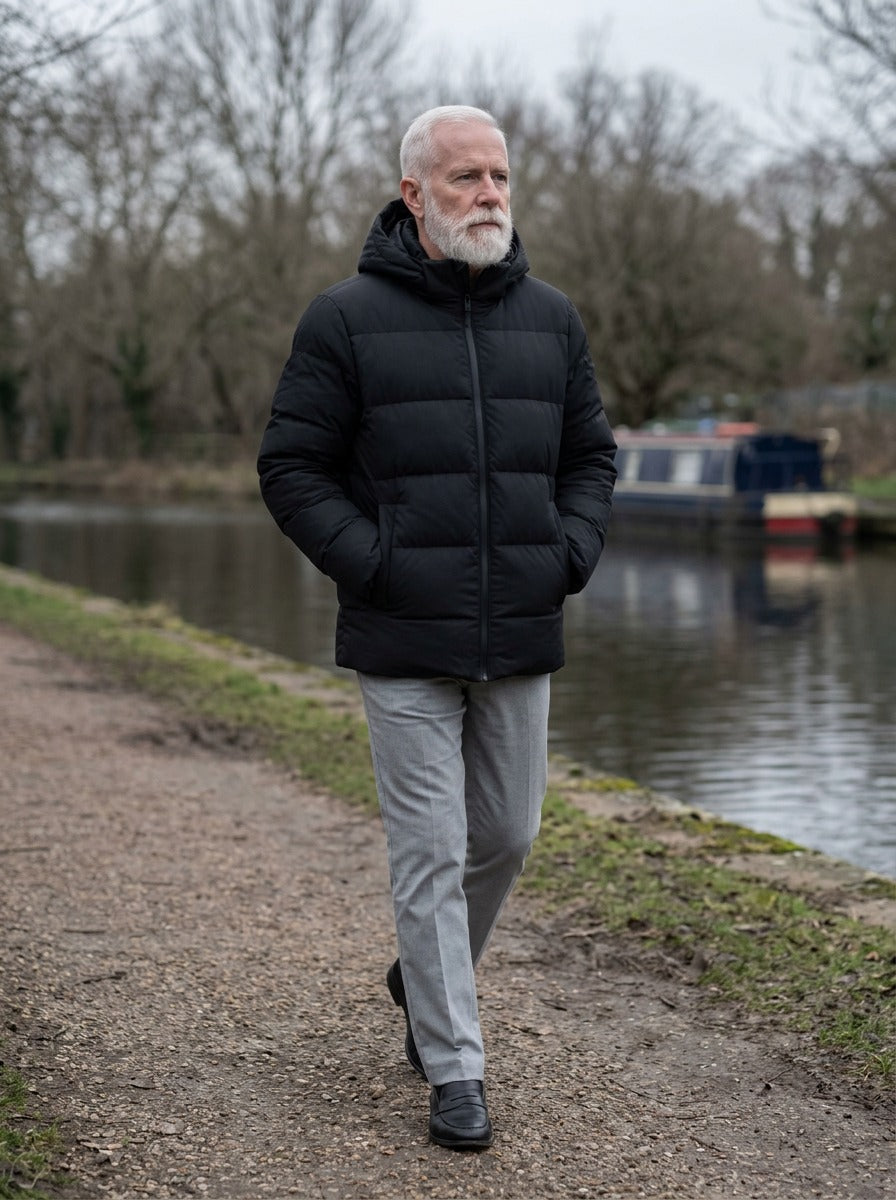 Rowan puffer jacket in Black, lifestyle, Gentlemens Manor