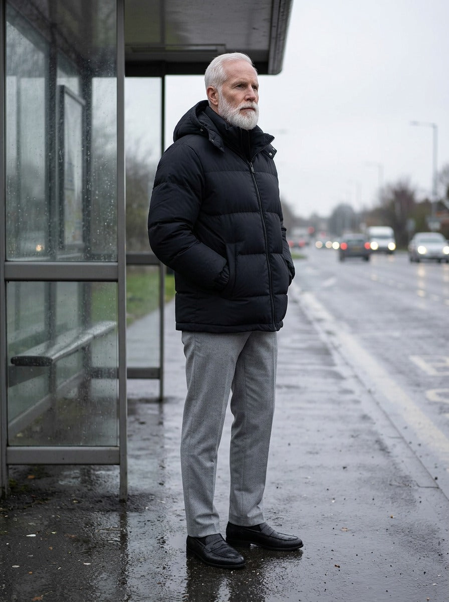 Rowan puffer jacket in Black, lifestyle, Gentlemens Manor