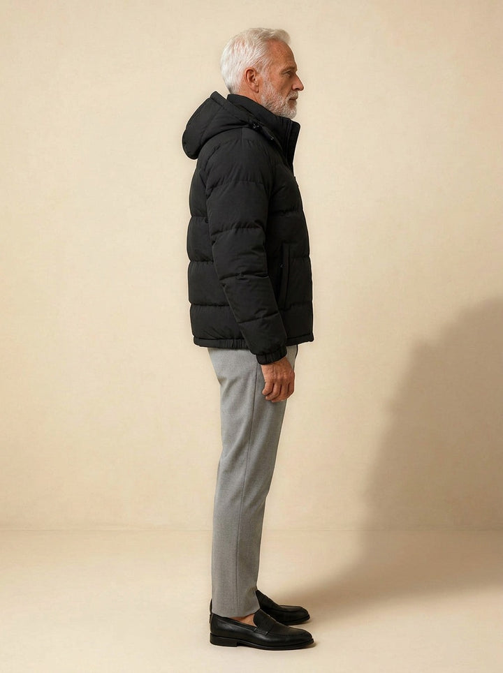 Rowan puffer jacket in Black, side view, Gentlemens Manor