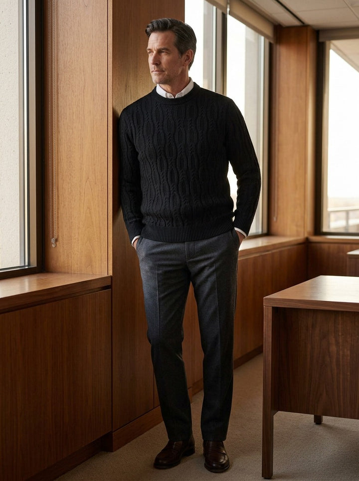 Rowland sweater in Black, lifestyle in a timber paneled office, Gentlemens Manor