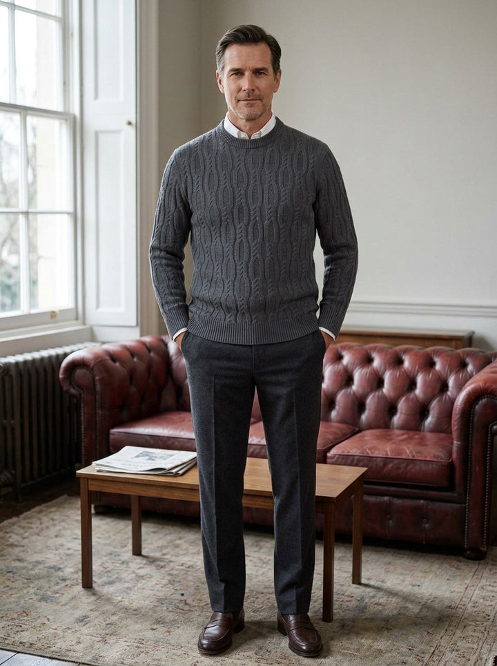 Rowland sweater in Charcoal, lifestyle in a club reading room, Gentlemens Manor