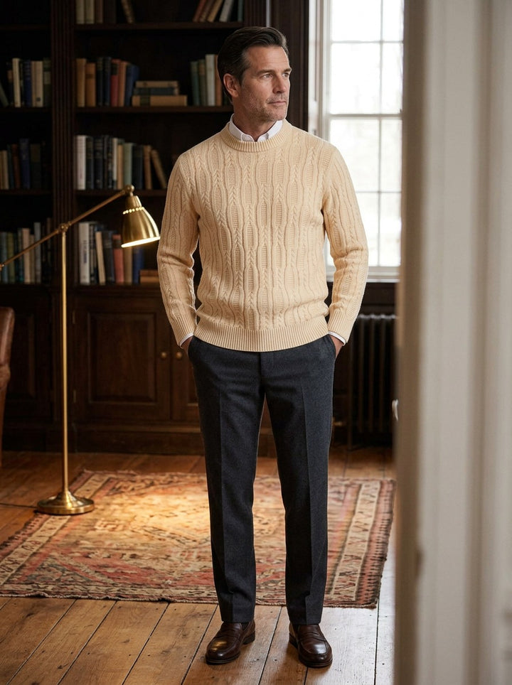Rowland sweater in Cream, lifestyle in a private study, Gentlemens Manor