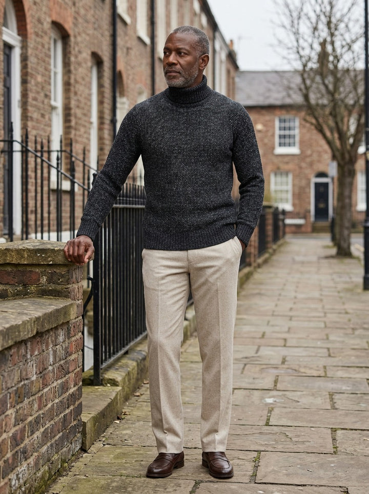 Rowley marled knit turtleneck sweater in Black, lifestyle on a street of brick row houses, Gentlemens Manor