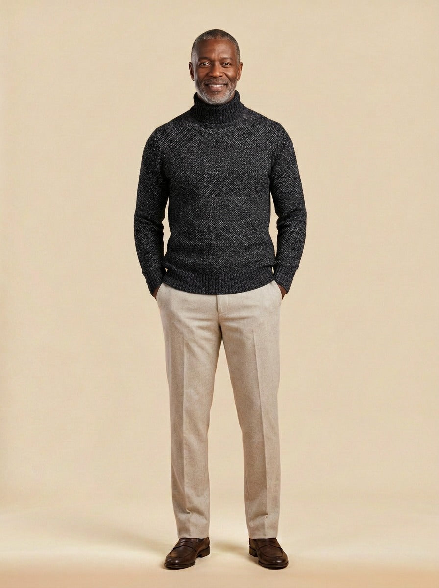 Rowley marled knit turtleneck sweater in Black, studio, Gentlemens Manor