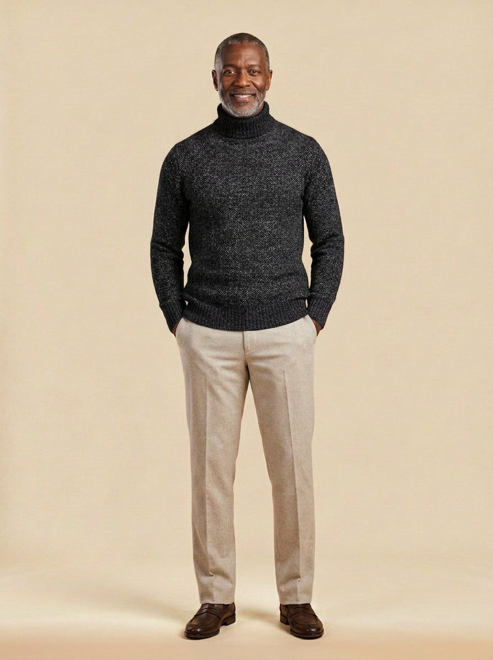 Rowley marled knit turtleneck sweater in Black, studio, Gentlemens Manor