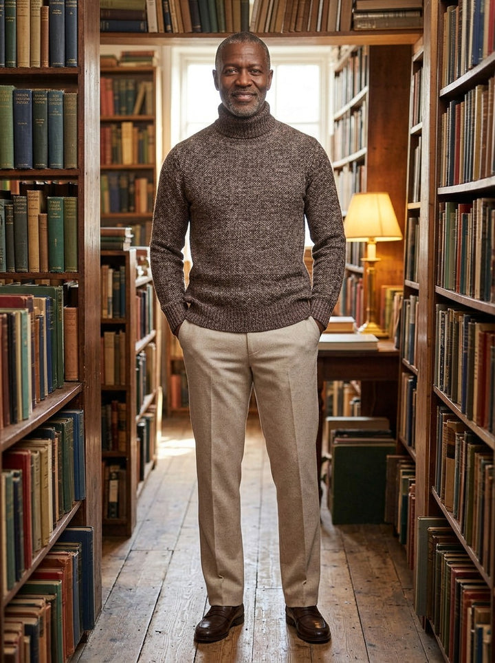 Rowley marled knit turtleneck sweater in Brown, lifestyle in a secondhand bookshop, Gentlemens Manor