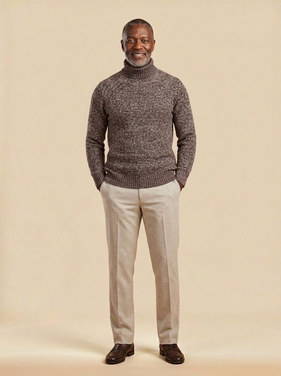 Rowley marled knit turtleneck sweater in Brown, studio, Gentlemens Manor