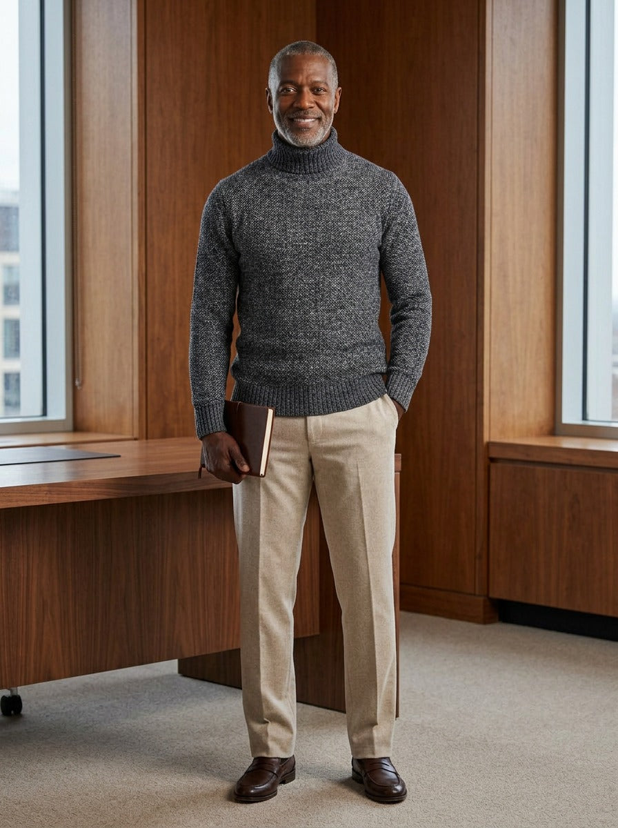 Rowley marled knit turtleneck sweater in Charcoal, lifestyle in a timber paneled office, Gentlemens Manor