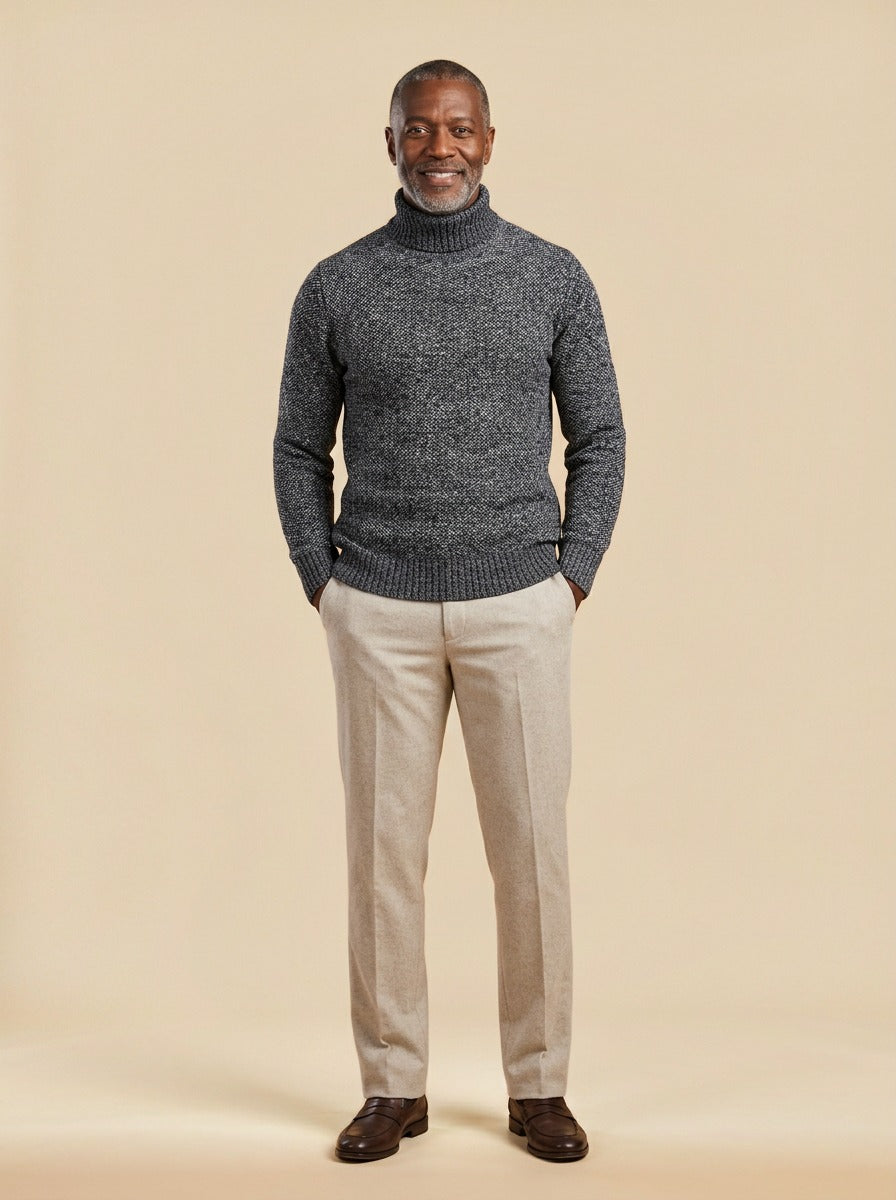 Rowley marled knit turtleneck sweater in Charcoal, studio, Gentlemens Manor