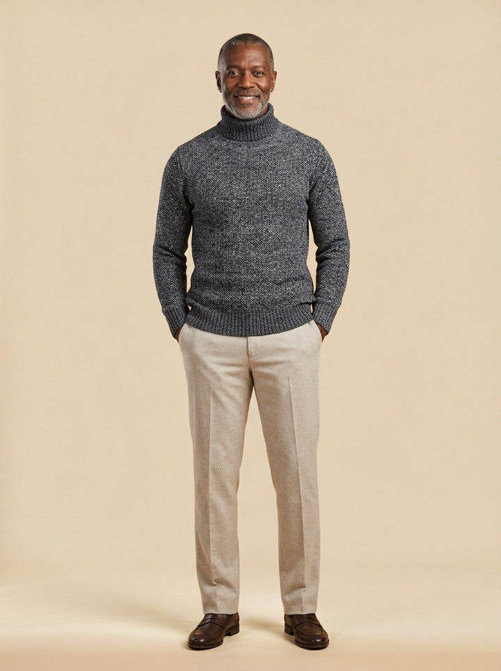 Rowley marled knit turtleneck sweater in Charcoal, studio, Gentlemens Manor