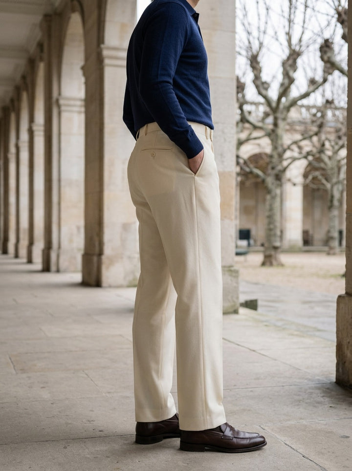 Royce dress pants in Cream, lifestyle in a stone colonnade, Gentlemens Manor