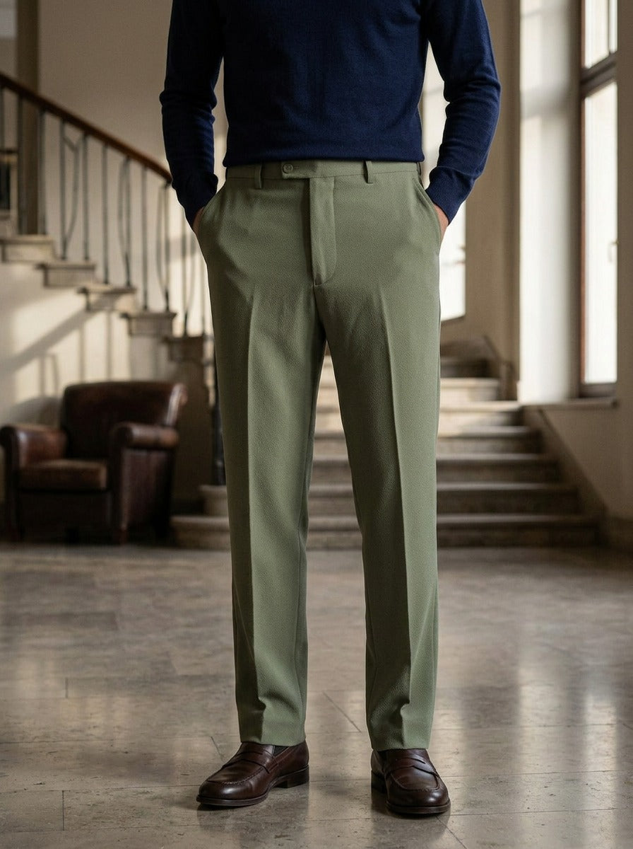 Royce dress pants in Olive, lifestyle in a hotel lobby, Gentlemens Manor