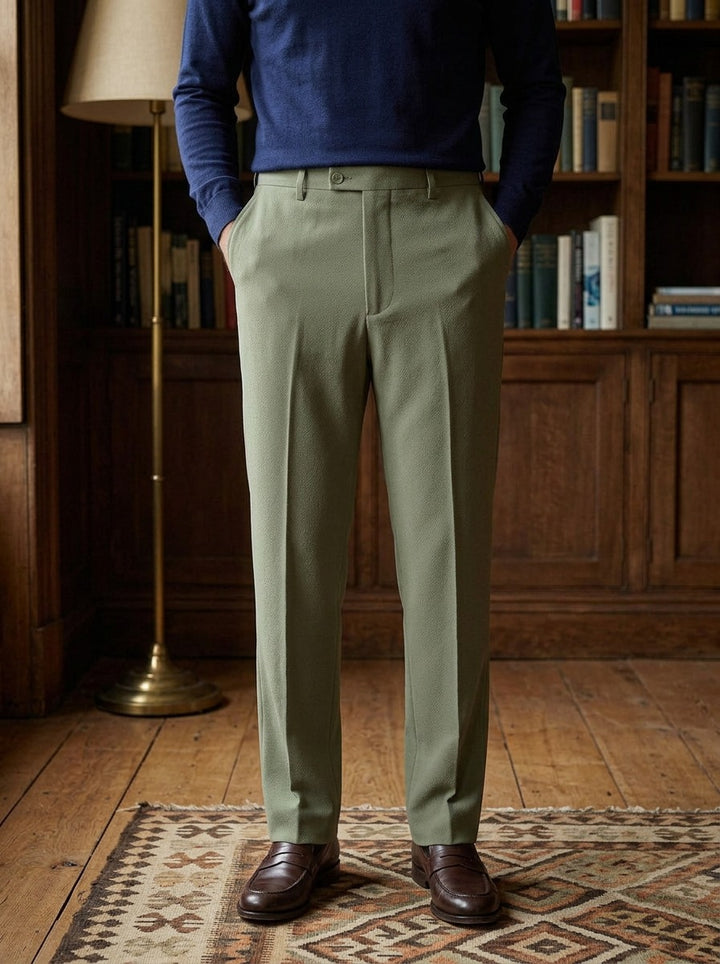 Royce dress pants in Olive, lifestyle in a private study, Gentlemens Manor
