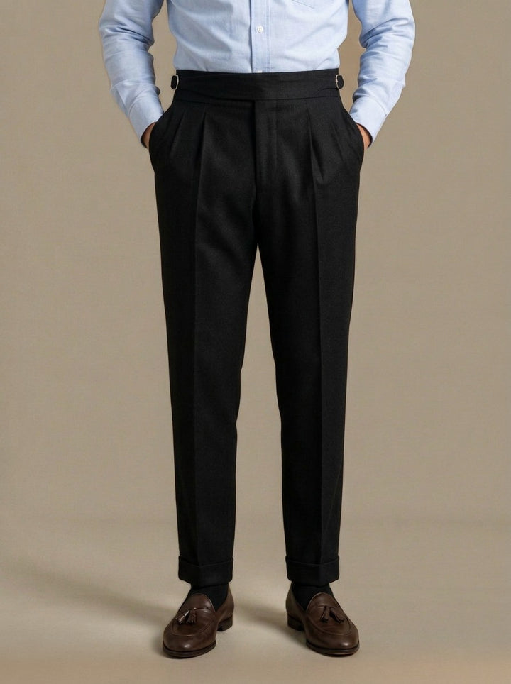 Rupert turn up cuff pleated trousers in Black, studio, Gentlemens Manor