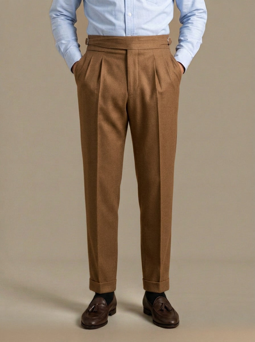 Rupert turn up cuff pleated trousers in Camel, studio, Gentlemens Manor