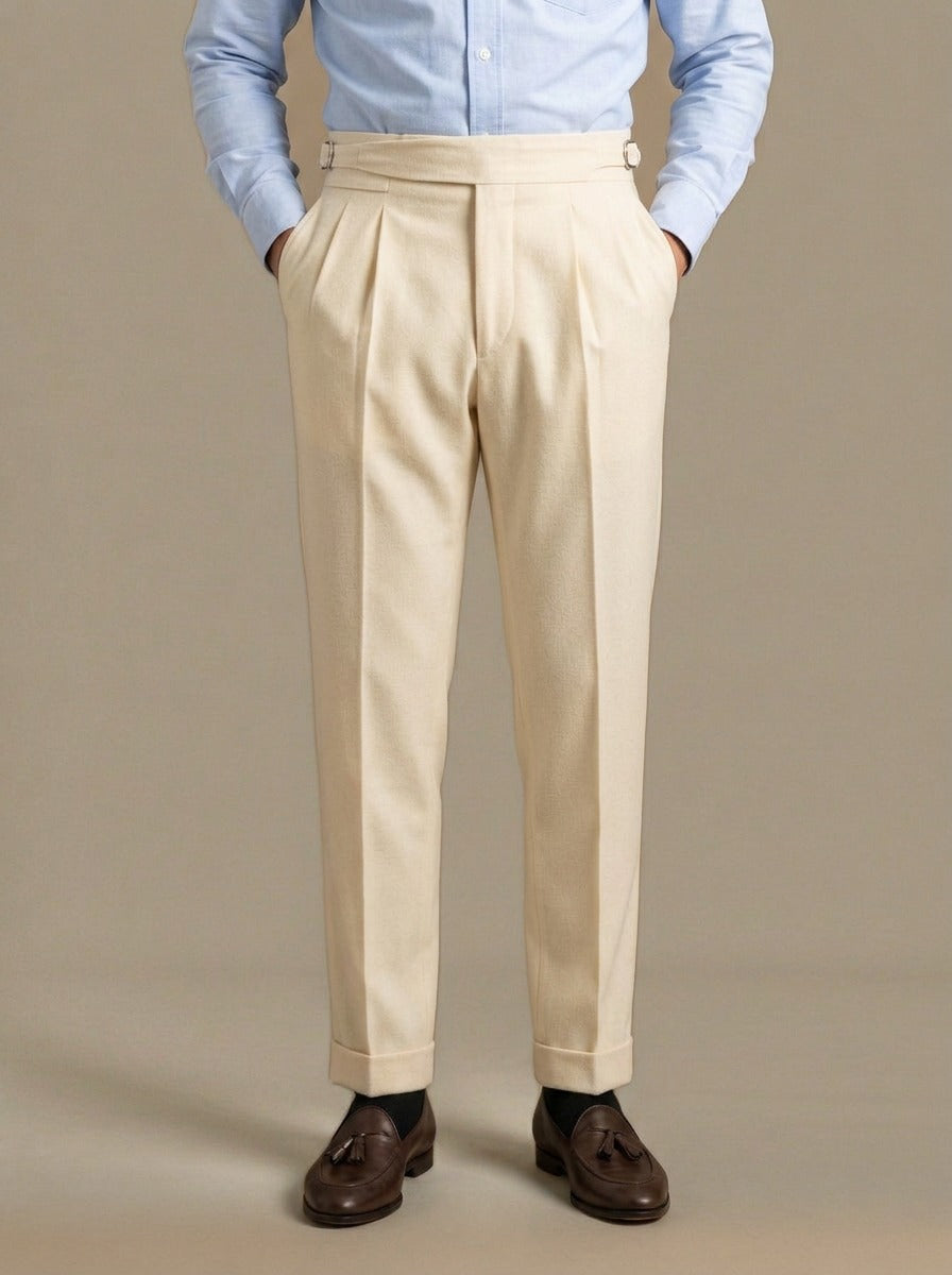 Rupert turn up cuff pleated trousers in Cream, studio, Gentlemens Manor