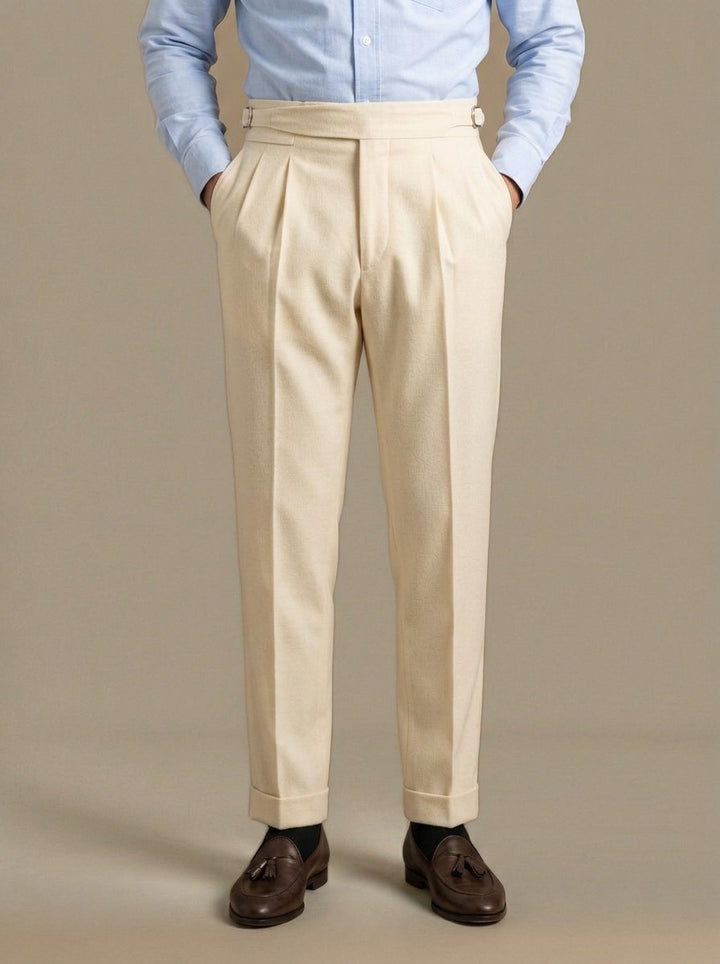 Rupert turn up cuff pleated trousers in Cream, studio, Gentlemens Manor