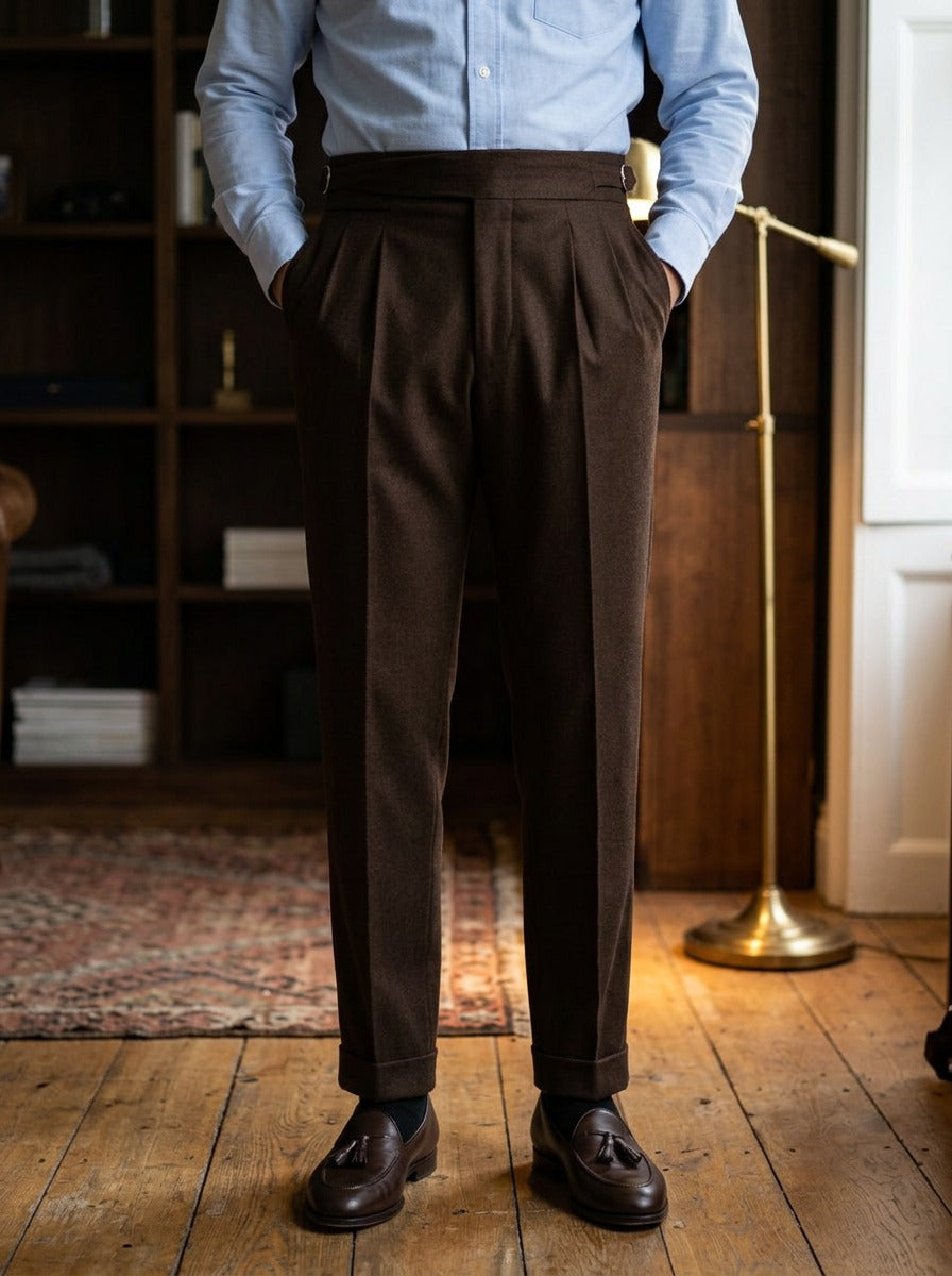 Rupert turn up cuff pleated trousers in Dark Brown, lifestyle in a private study, Gentlemens Manor