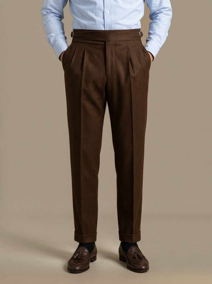 Rupert turn up cuff pleated trousers in Dark Brown, studio, Gentlemens Manor