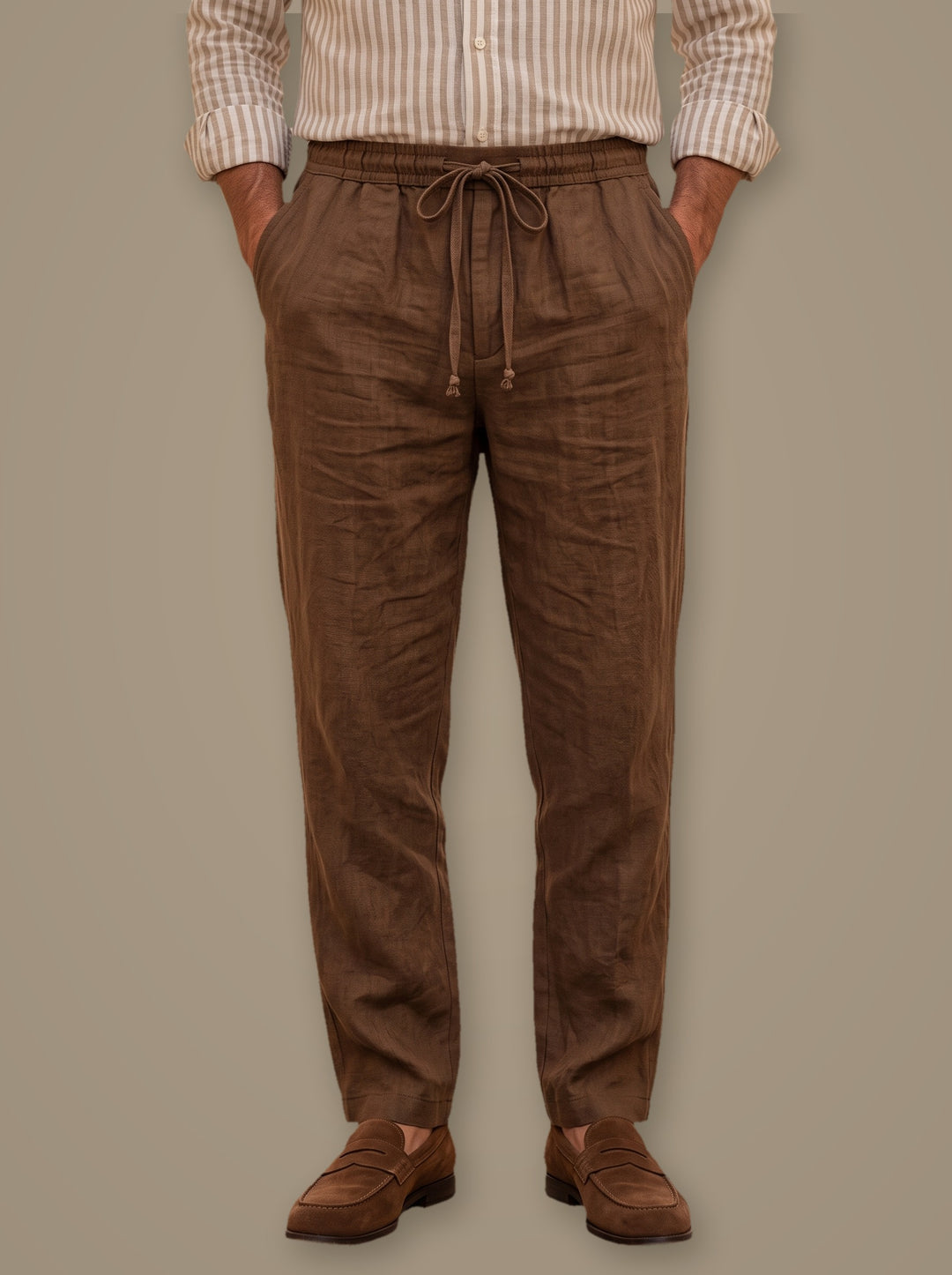 Russell linen trousers in Brown, studio, Gentlemens Manor