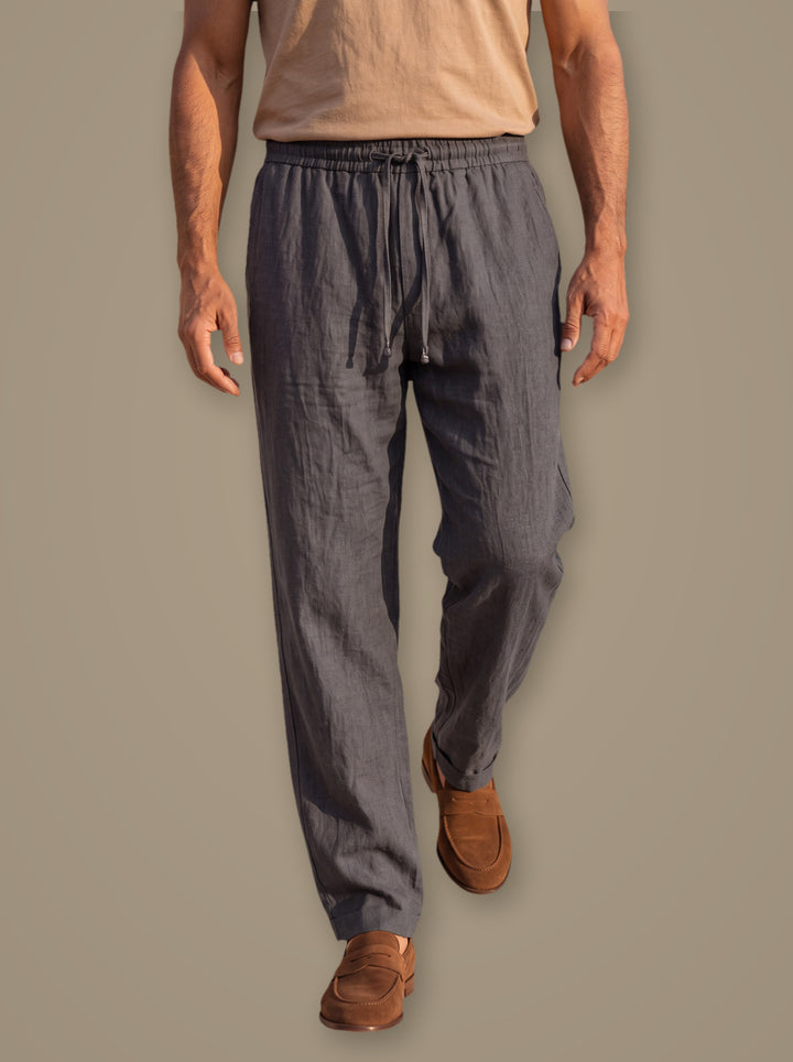 Russell linen trousers in Charcoal, studio, Gentlemens Manor