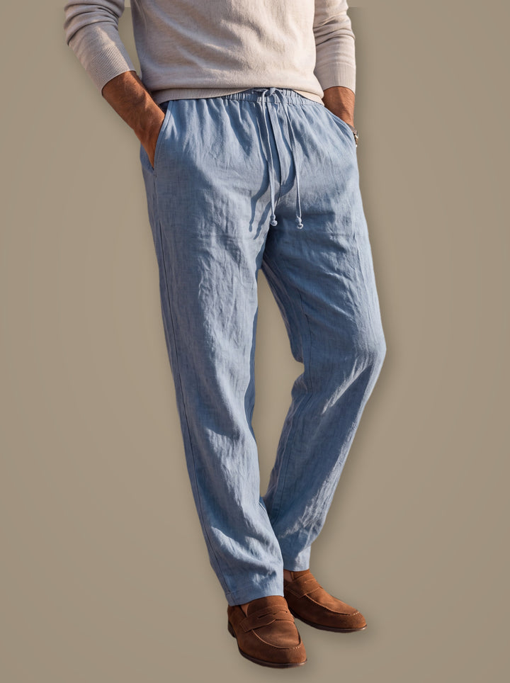 Russell linen trousers in Light Blue, studio, Gentlemens Manor