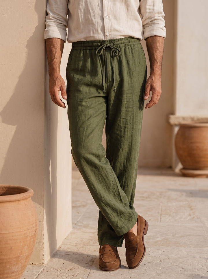 Russell linen trousers in Olive, lifestyle, Gentlemens Manor