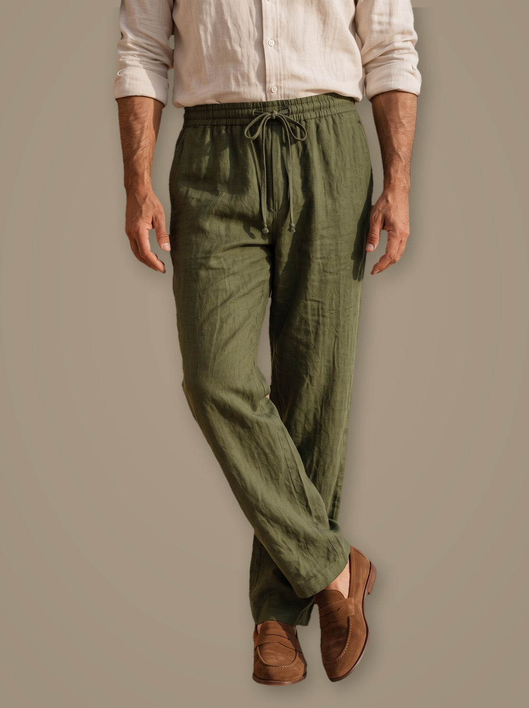 Russell linen trousers in Olive, studio, Gentlemens Manor