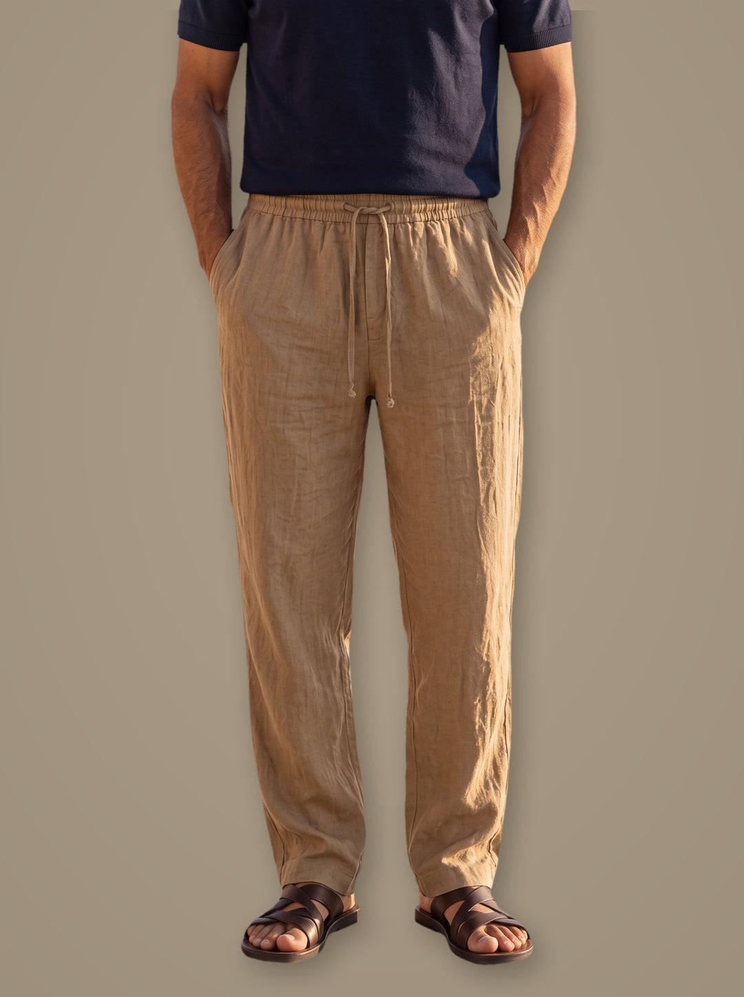 Russell linen trousers in Sand, studio, Gentlemens Manor