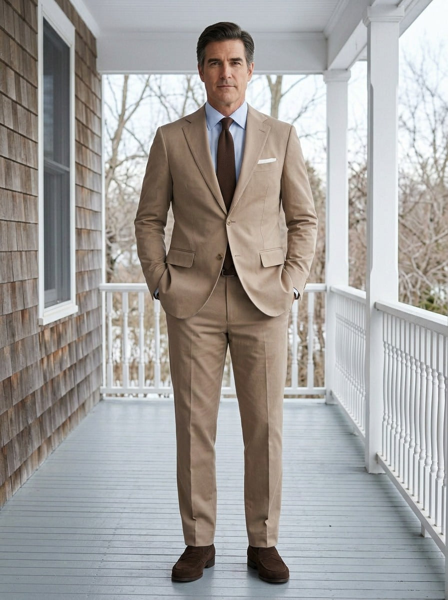 Rutherford two piece suit in Sand, lifestyle, Gentlemens Manor