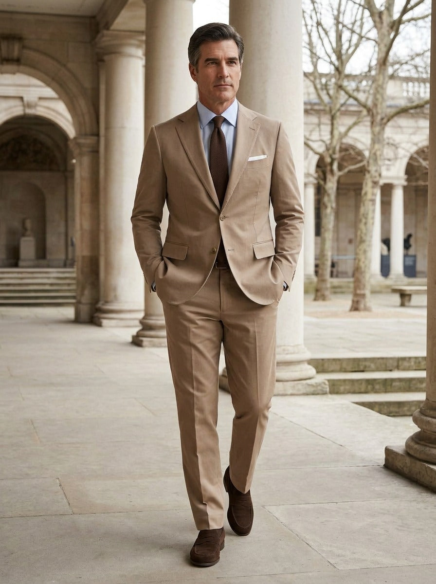 Rutherford two piece suit in Sand, lifestyle, Gentlemens Manor