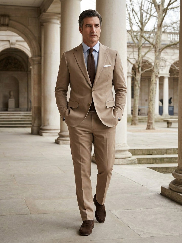 Rutherford two piece suit in Sand, lifestyle, Gentlemens Manor