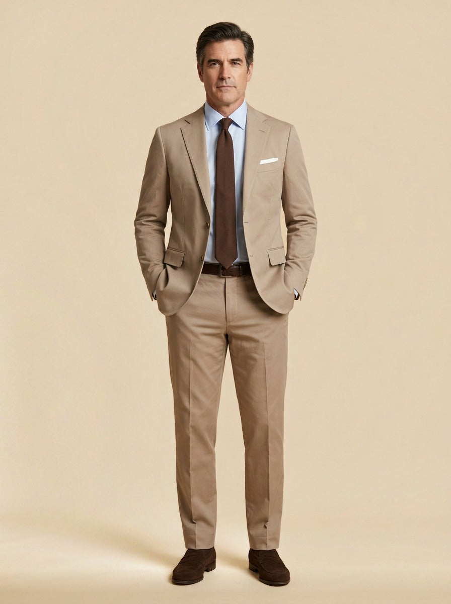 Rutherford two piece suit in Sand, studio, Gentlemens Manor