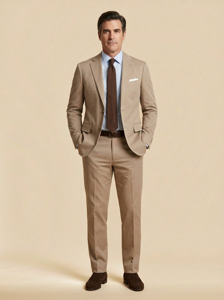 Rutherford two piece suit in Sand, studio, Gentlemens Manor