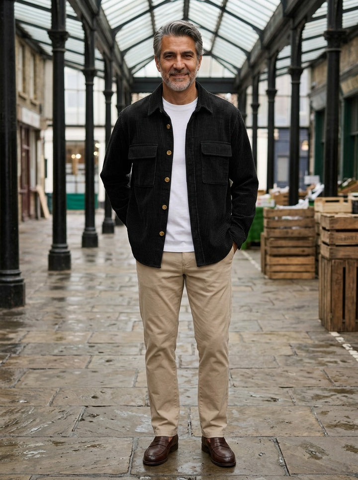Rutland overshirt in Black, lifestyle in a covered market hall, Gentlemens Manor