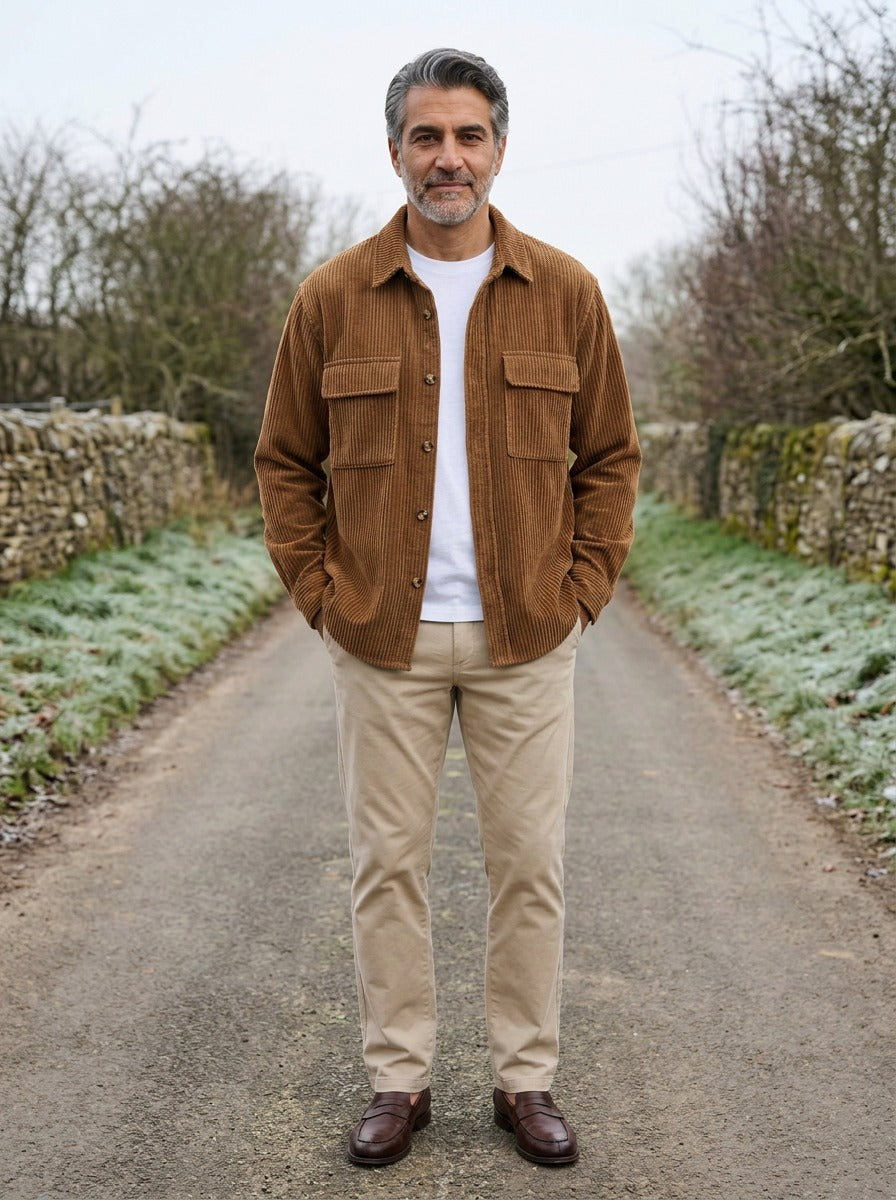 Rutland overshirt in Brown, lifestyle on a country lane, Gentlemens Manor