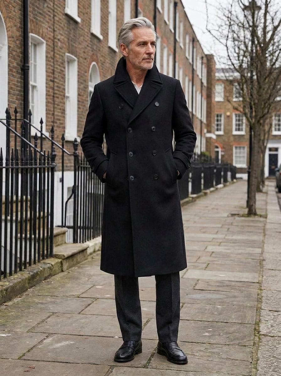 Rutledge coat in Black, lifestyle on a street of brick row houses, Gentlemens Manor