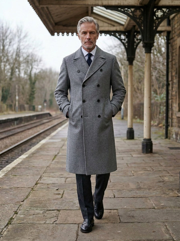 Rutledge coat in Grey, lifestyle on a railway platform, Gentlemens Manor
