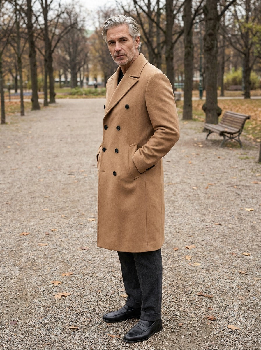 Rutledge coat in Sand, lifestyle on a park path, Gentlemens Manor