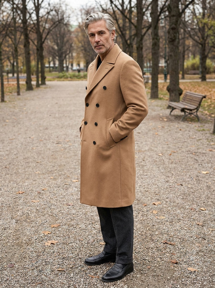 Rutledge coat in Sand, lifestyle on a park path, Gentlemens Manor